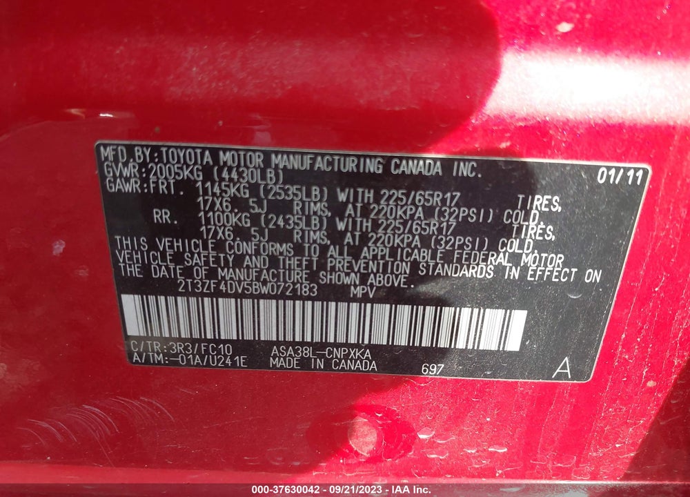 2011 TOYOTA RAV4 VIN: 2T3ZF4DV5BW072183