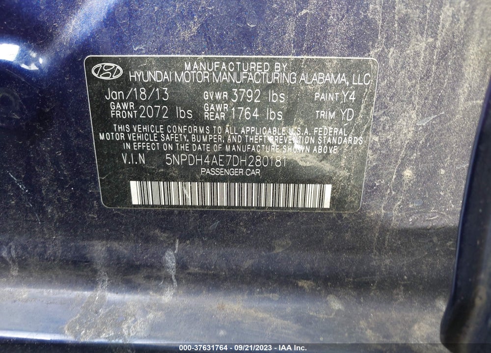 2013 HYUNDAI ELANTRA GLS VIN: 5NPDH4AE7DH280181