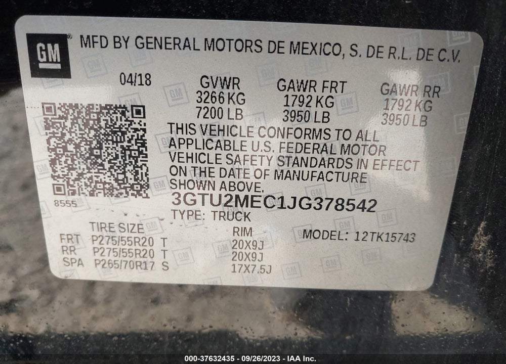 2018 GMC SIERRA 1500 SLE VIN: 3GTU2MEC1JG378542