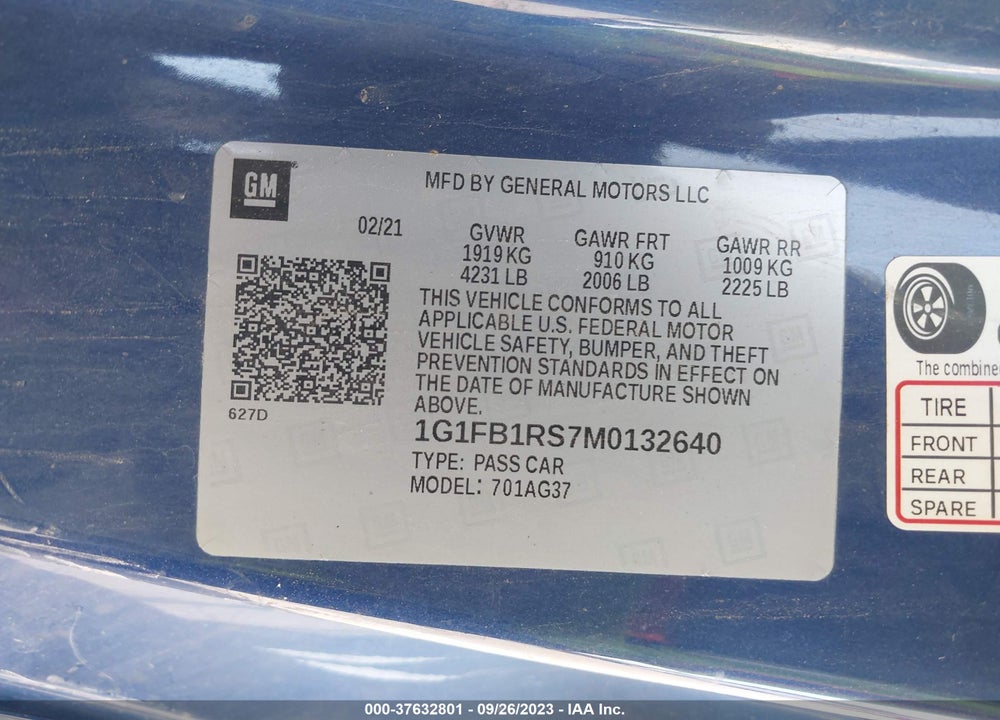 2021 CHEVROLET CAMARO RWD 1LT VIN: 1G1FB1RS7M0132640
