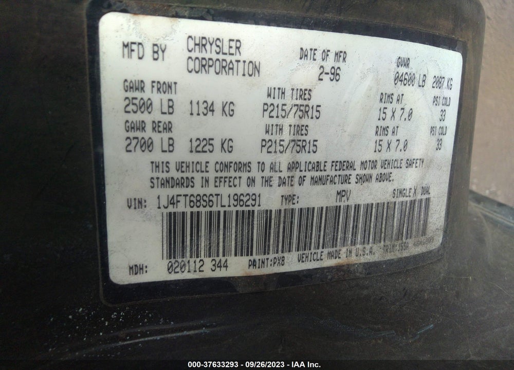 1996 JEEP CHEROKEE SPORT/CLASSIC VIN: 1J4FT68S6TL196291