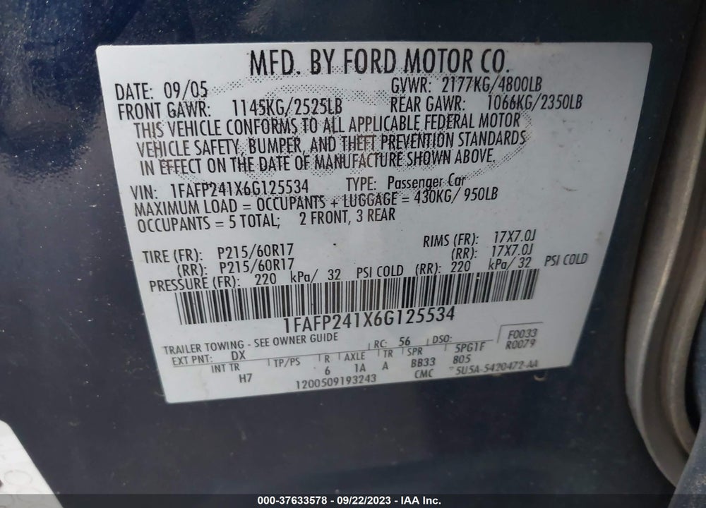 2006 FORD FIVE HUNDRED SEL VIN: 1FAFP241X6G125534