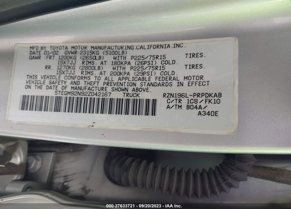 2002 TOYOTA TACOMA PRERUNNER VIN: 5TEGM92N92Z042167