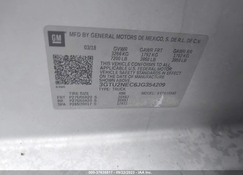 2018 GMC SIERRA 1500 SLT VIN: 3GTU2NEC6JG354209