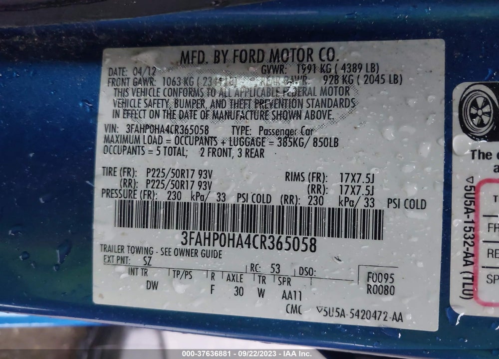 2012 FORD FUSION SE VIN: 3FAHP0HA4CR365058