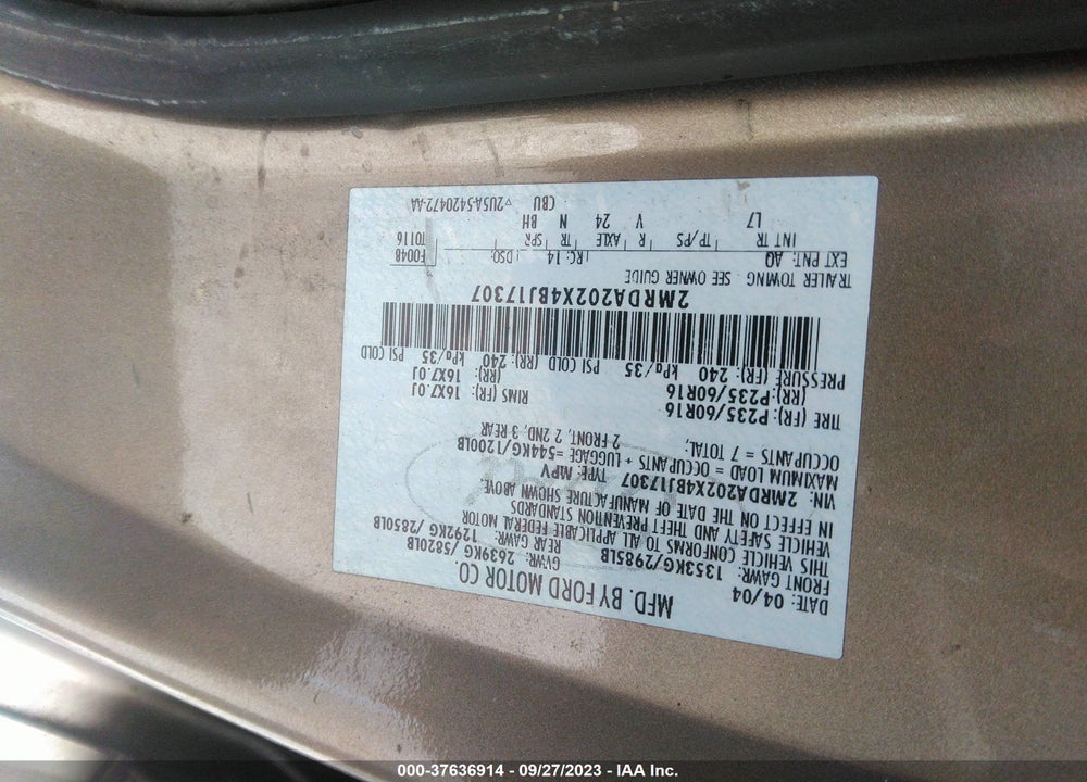 2004 MERCURY MONTEREY VIN: 2MRDA202X4BJ17307