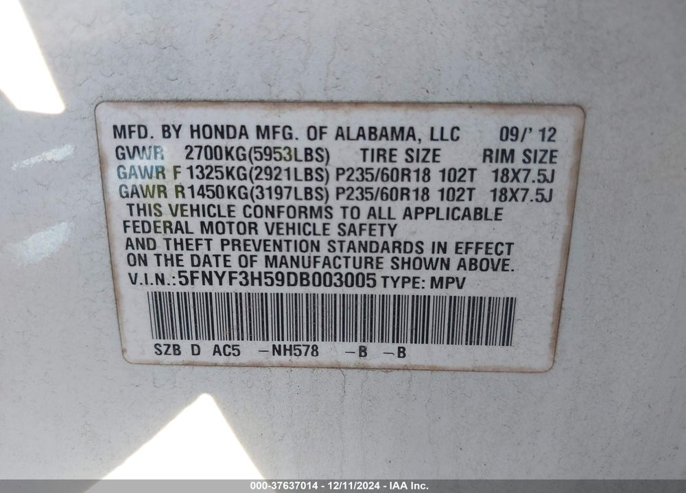 2013 HONDA PILOT EX-L VIN: 5FNYF3H59DB003005