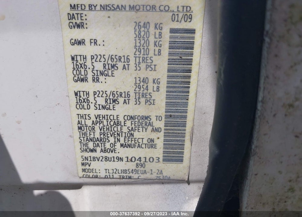 2009 NISSAN QUEST 3.5 S VIN: 5N1BV28U19N104103