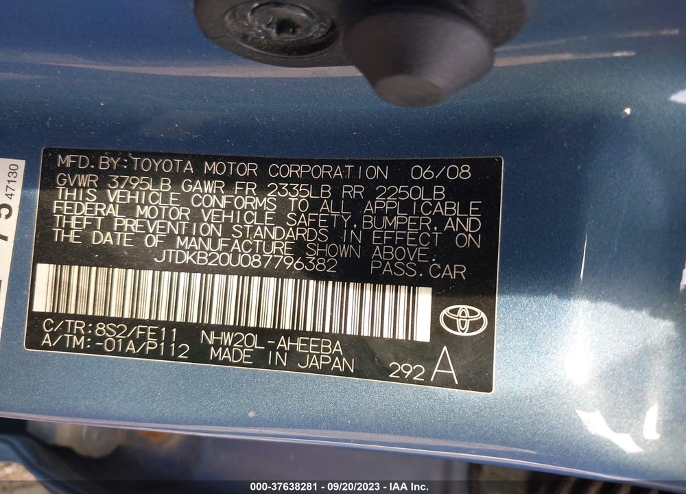 2008 TOYOTA PRIUS BASE (CVT-E) VIN: JTDKB20U087796382