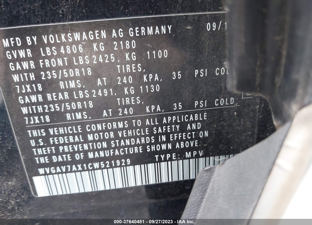 2012 VOLKSWAGEN TIGUAN SE VIN: WVGAV7AX1CW521929