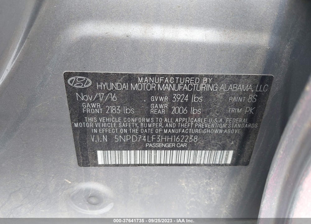 2017 HYUNDAI ELANTRA SE VIN: 5NPD74LF3HH162238