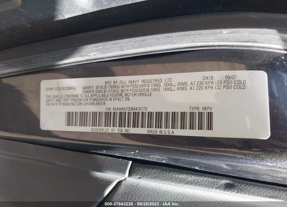 2008 SUBARU TRIBECA LIMITED 7-PASSENGER VIN: 4S4WX97D084410770