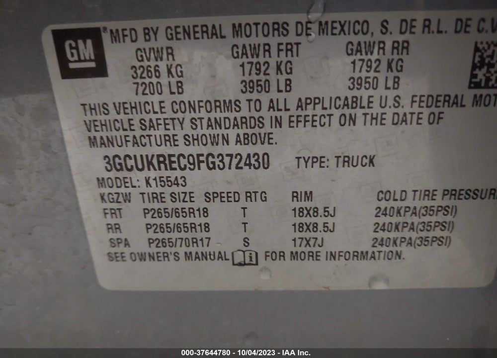 2015 CHEVROLET SILVERADO 1500 1LT VIN: 3GCUKREC9FG372430
