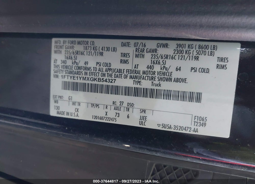2016 FORD TRANSIT-150 VIN: 1FTYE1YMXGKB54327