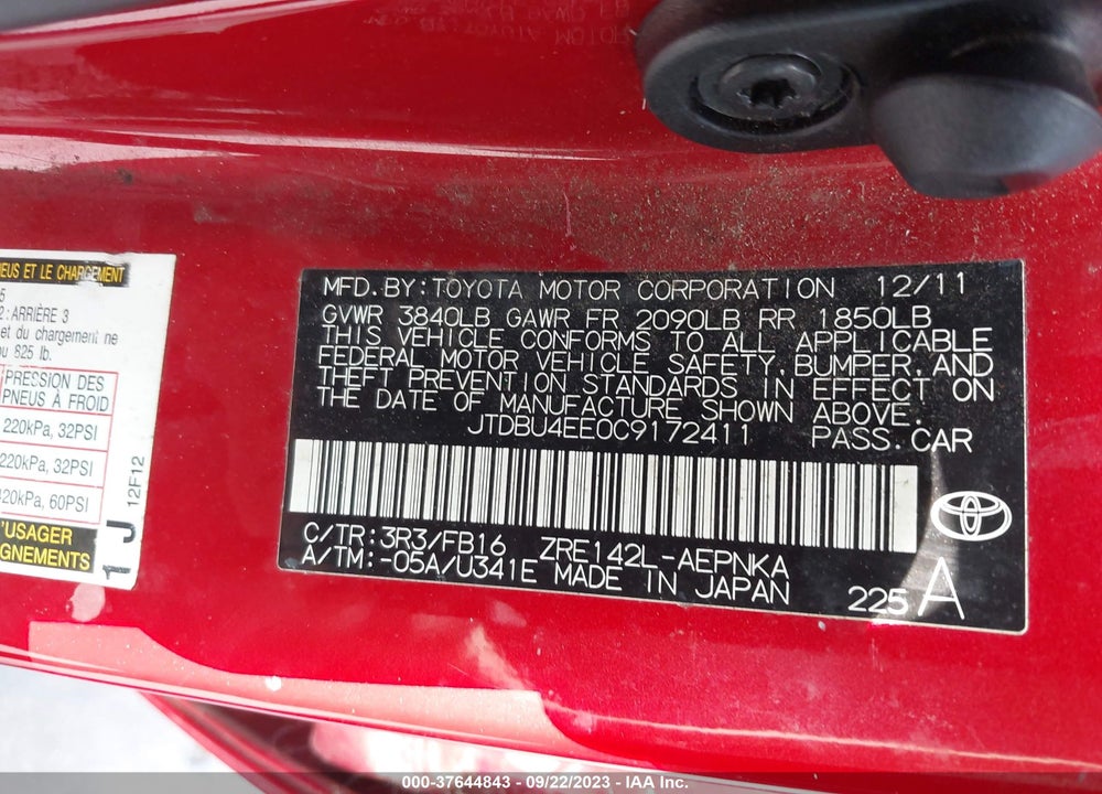 2012 TOYOTA COROLLA LE VIN: JTDBU4EE0C9172411