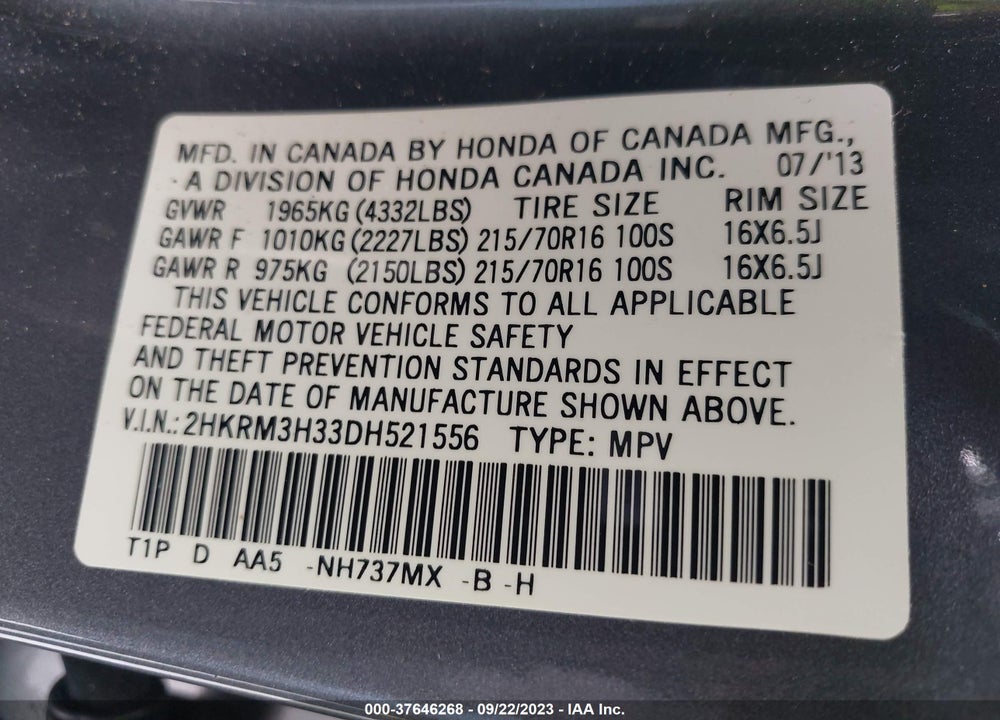 2013 HONDA CR-V LX VIN: 2HKRM3H33DH521556