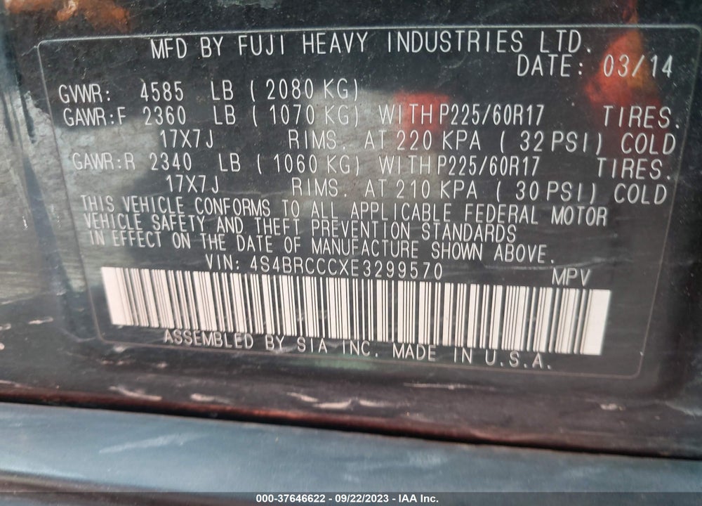 2014 SUBARU OUTBACK 2.5I PREMIUM VIN: 4S4BRCCCXE3299570