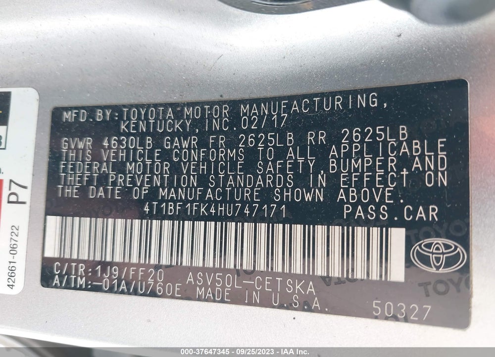 2017 TOYOTA CAMRY SE VIN: 4T1BF1FK4HU747171