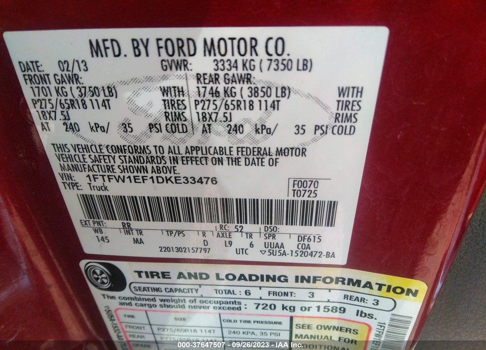 2013 FORD F-150 XLT VIN: 1FTFW1EF1DKE33476