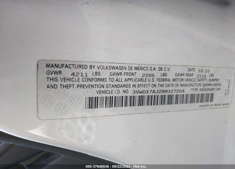 2011 VOLKSWAGEN JETTA 2.5L SE VIN: 3VWDX7AJ2BM327204