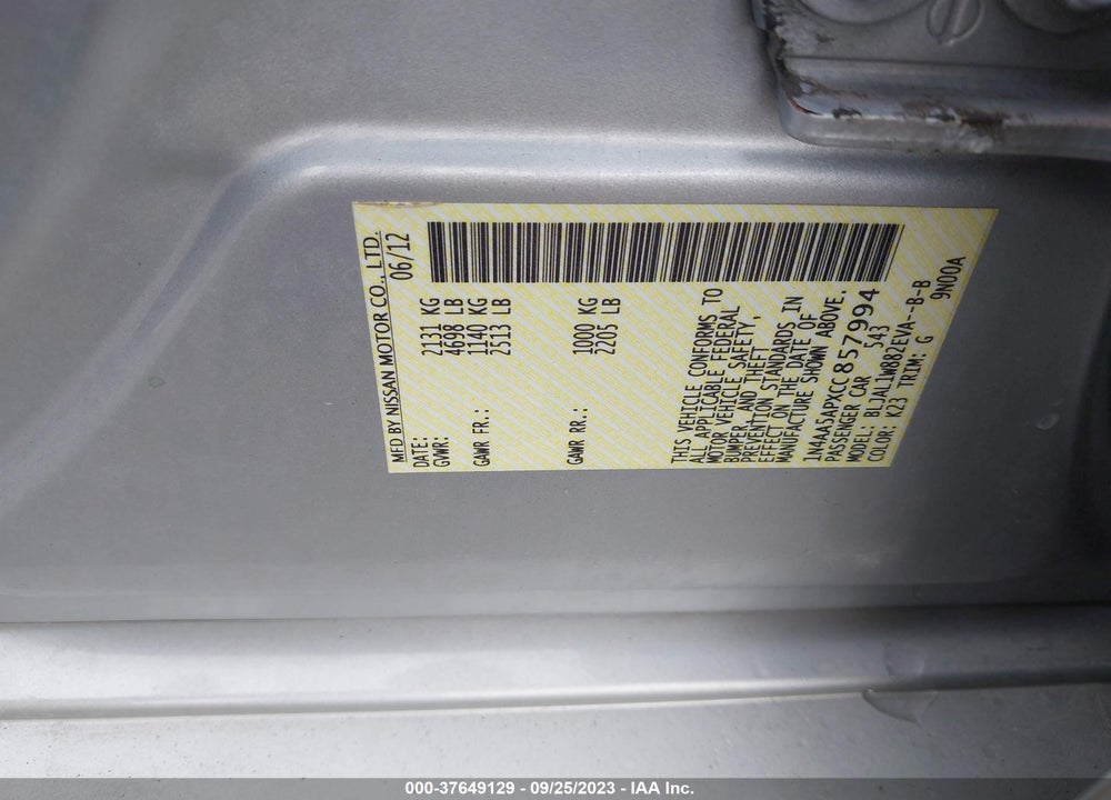 2012 NISSAN MAXIMA 3.5 SV VIN: 1N4AA5APXCC857994