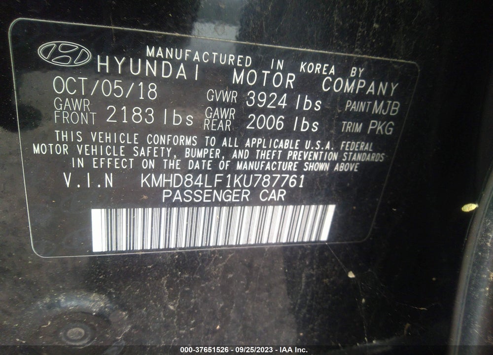 2019 HYUNDAI ELANTRA VIN: KMHD84LF1KU787761