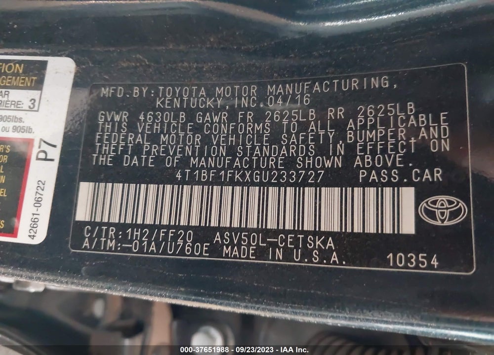 2016 TOYOTA CAMRY SE VIN: 4T1BF1FKXGU233727