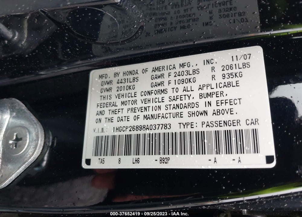 2008 HONDA ACCORD 2.4 EX-L VIN: 1HGCP26898A037783