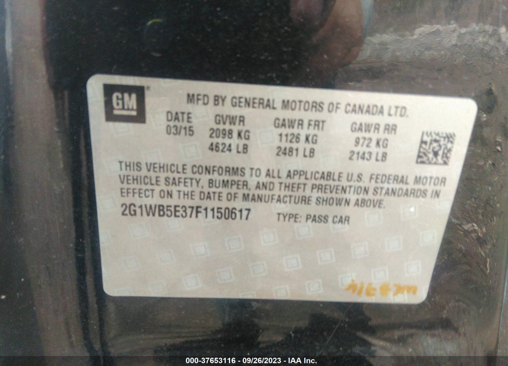 2015 CHEVROLET IMPALA LIMITED LT VIN: 2G1WB5E37F1150617