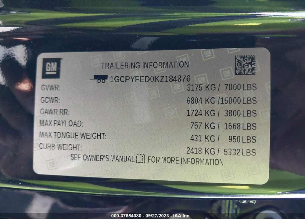 2019 CHEVROLET SILVERADO 1500 LT TRAIL BOSS VIN: 1GCPYFED0KZ184876