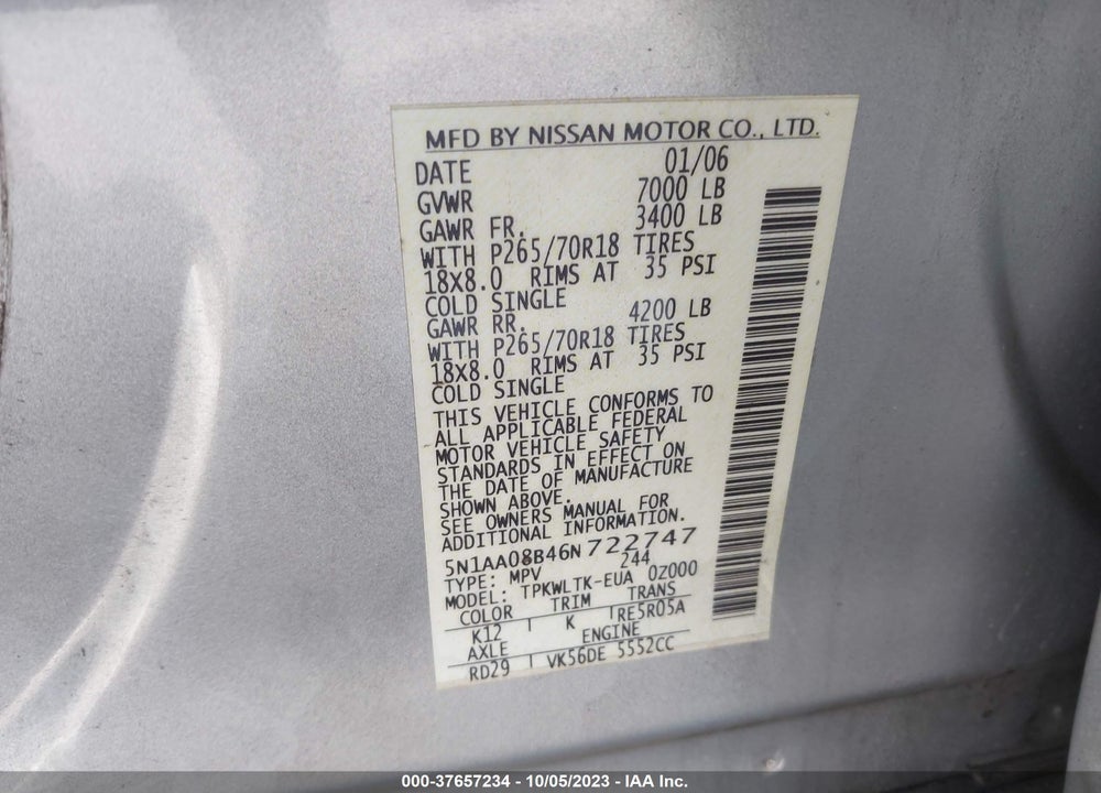 2006 NISSAN ARMADA SE VIN: 5N1AA08B46N722747