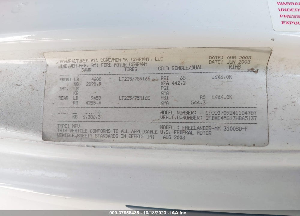 2003 FORD E-450 CUTAWAY STANDARD VIN: 1FDXE45S13HB65137