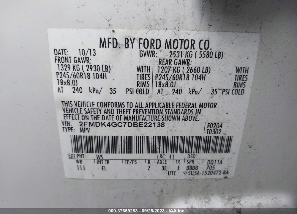 2013 FORD EDGE SE VIN: 2FMDK4GC7DBE22138