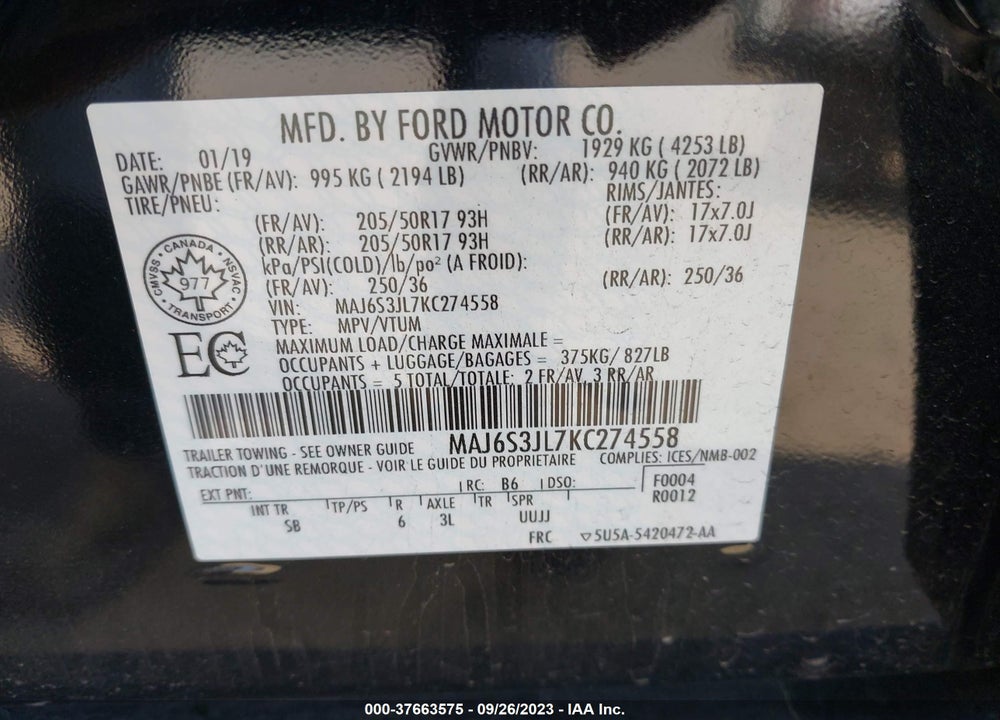 2019 FORD ECOSPORT SES VIN: MAJ6S3JL7KC274558