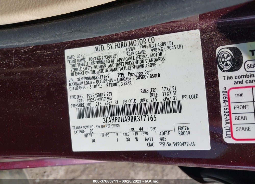2011 FORD FUSION SE VIN: 3FAHP0HA9BR317165