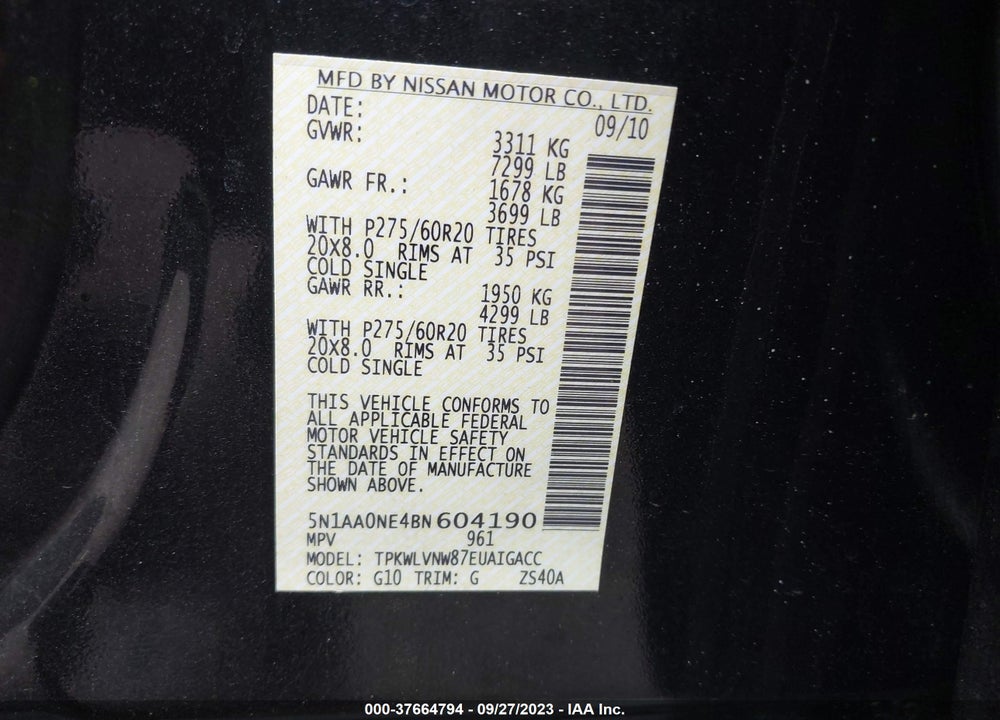 2011 NISSAN ARMADA PLATINUM VIN: 5N1AA0NE4BN604190