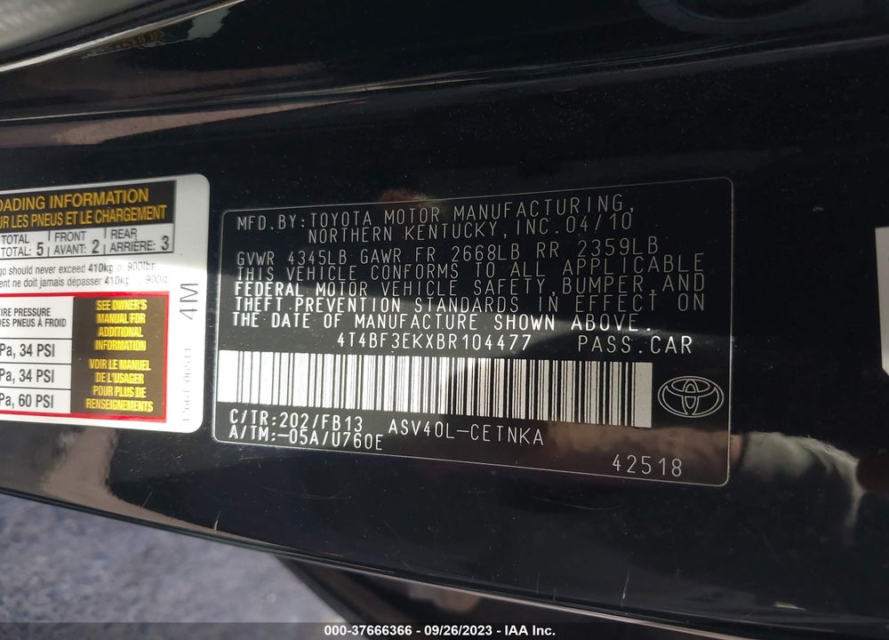 2011 TOYOTA CAMRY LE VIN: 4T4BF3EKXBR104477