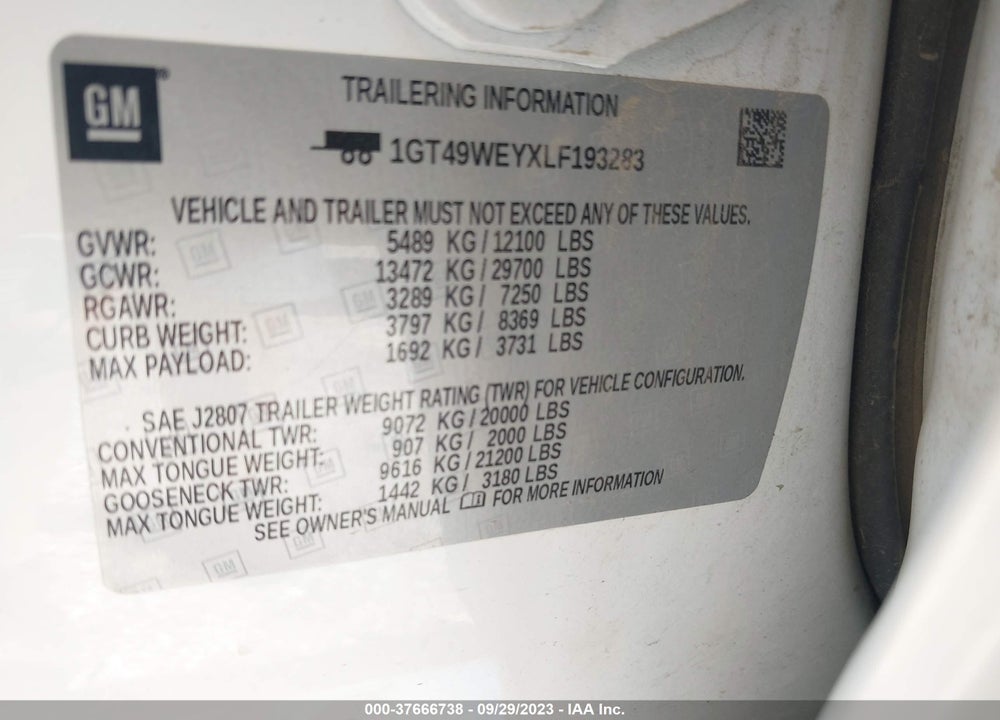 2020 GMC SIERRA 3500HD 4WD  STANDARD BED DENALI VIN: 1GT49WEYXLF193283