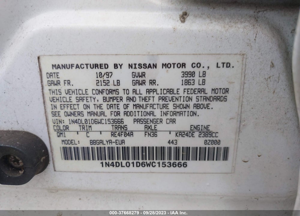 1998 NISSAN ALTIMA GXE/GLE/XE/SE VIN: 1N4DL01D6WC153666