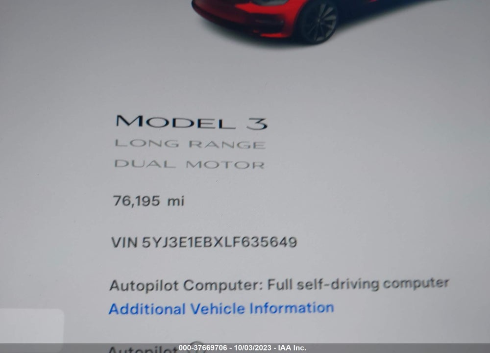 2020 TESLA MODEL 3 LONG RANGE DUAL MOTOR ALL-WHEEL DRIVE VIN: 5YJ3E1EBXLF635649