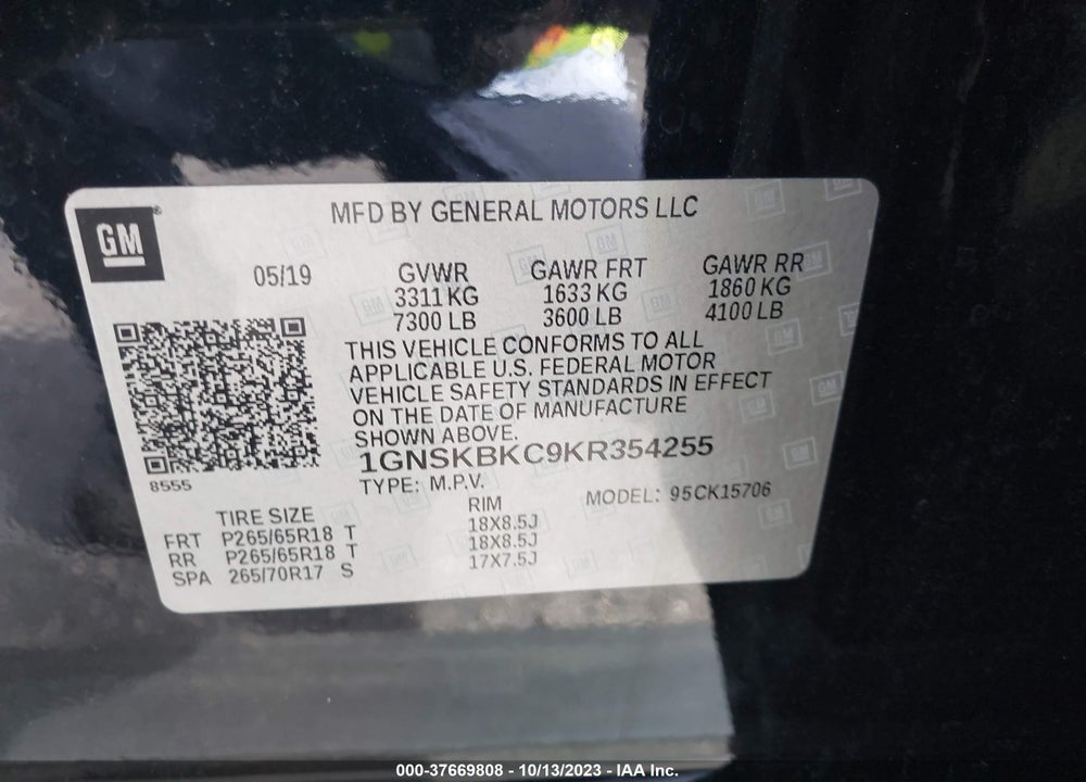 2019 CHEVROLET TAHOE LT VIN: 1GNSKBKC9KR354255