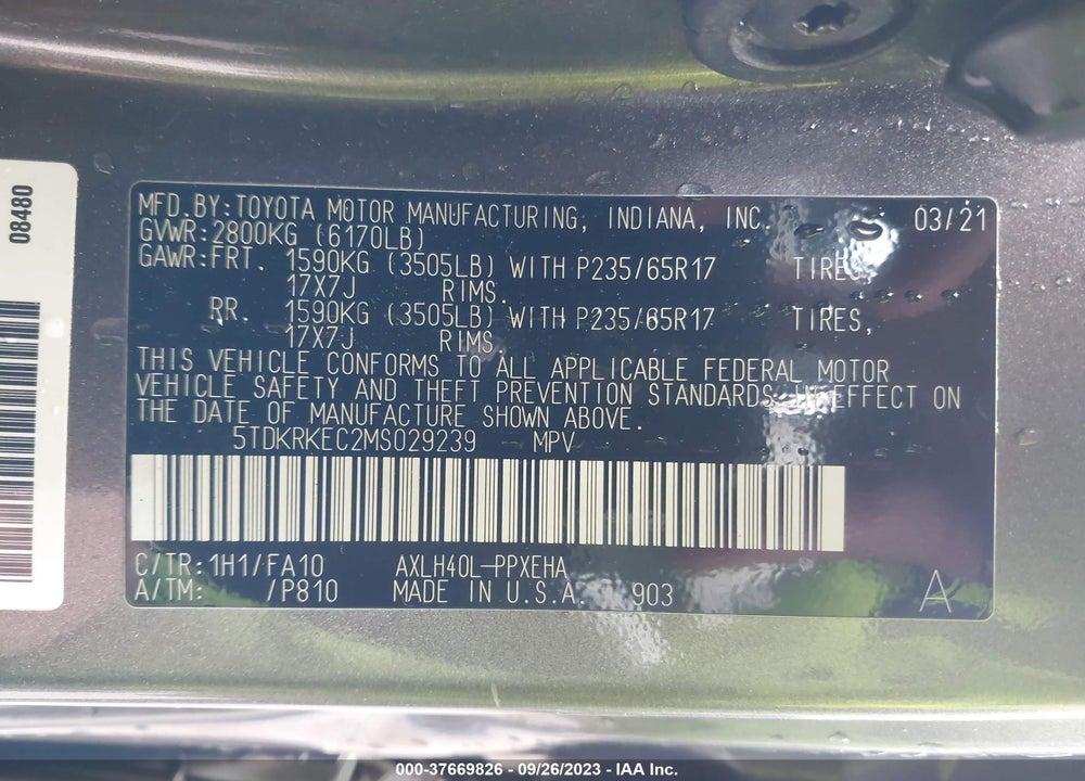 2021 TOYOTA SIENNA LE VIN: 5TDKRKEC2MS029239