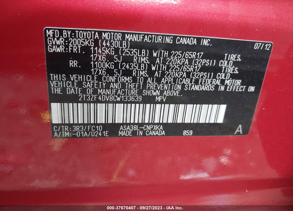 2012 TOYOTA RAV4 VIN: 2T3ZF4DV8CW133639