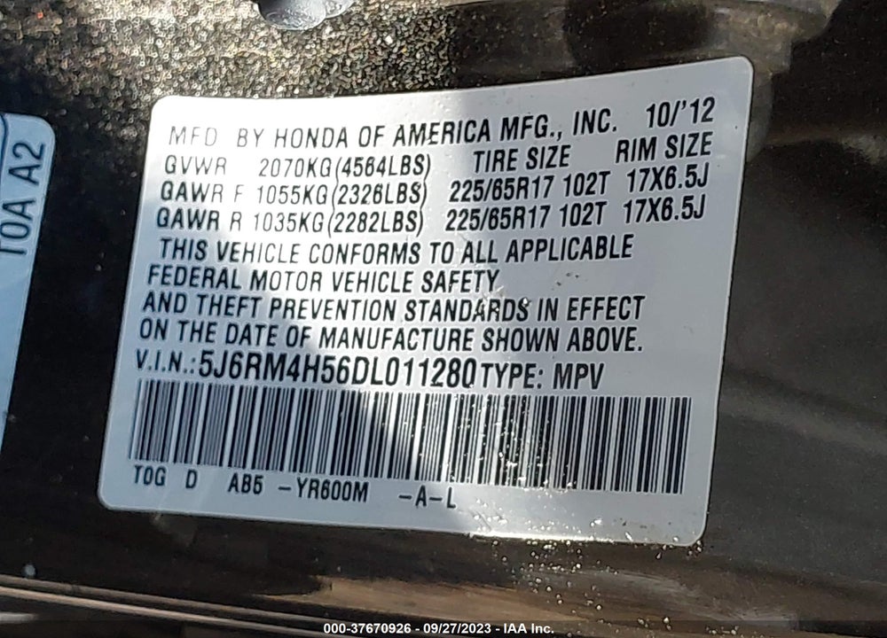 2013 HONDA CR-V EX VIN: 5J6RM4H56DL011280