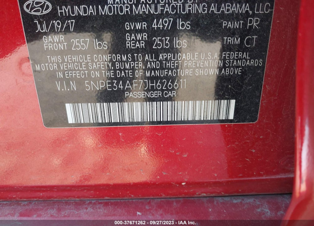 2019 HYUNDAI SONATA VIN: 5NPE34AF7JH626611