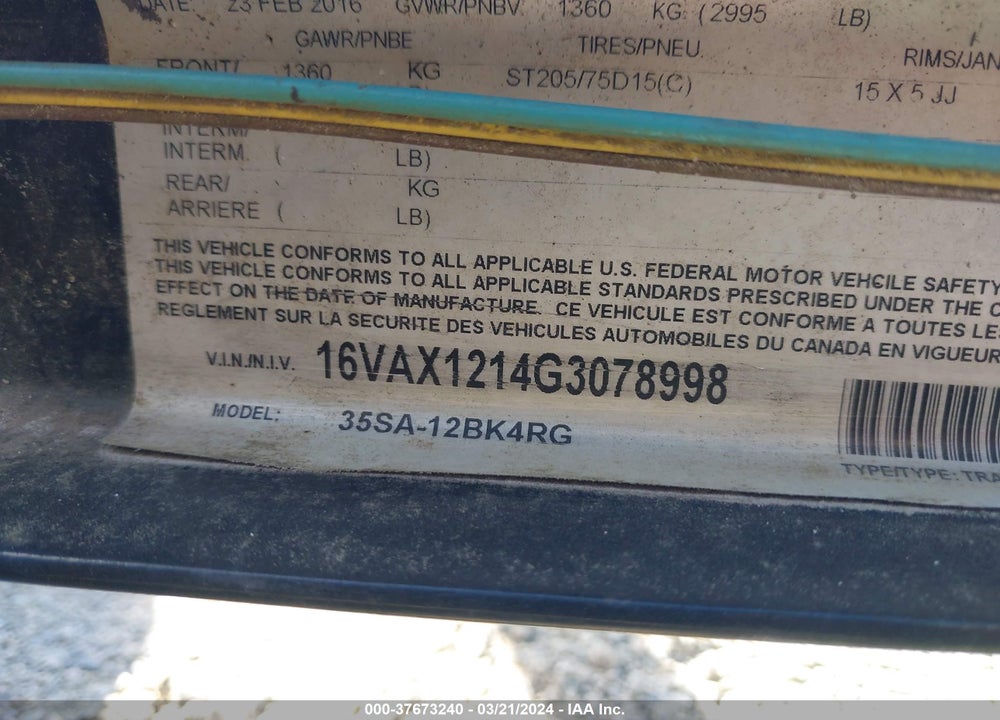 2016 BIG TEX TRAILER CO INC --- VIN: 16VAX1214G3078998