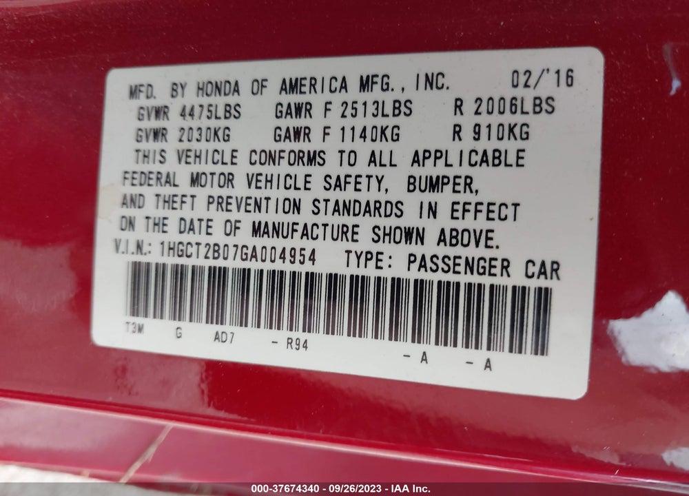 2016 HONDA ACCORD TOURING VIN: 1HGCT2B07GA004954