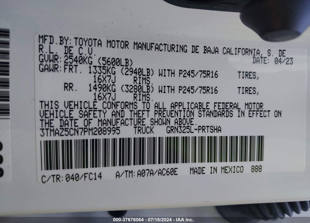 2023 TOYOTA TACOMA SR5 V6 VIN: 3TMAZ5CN7PM208995