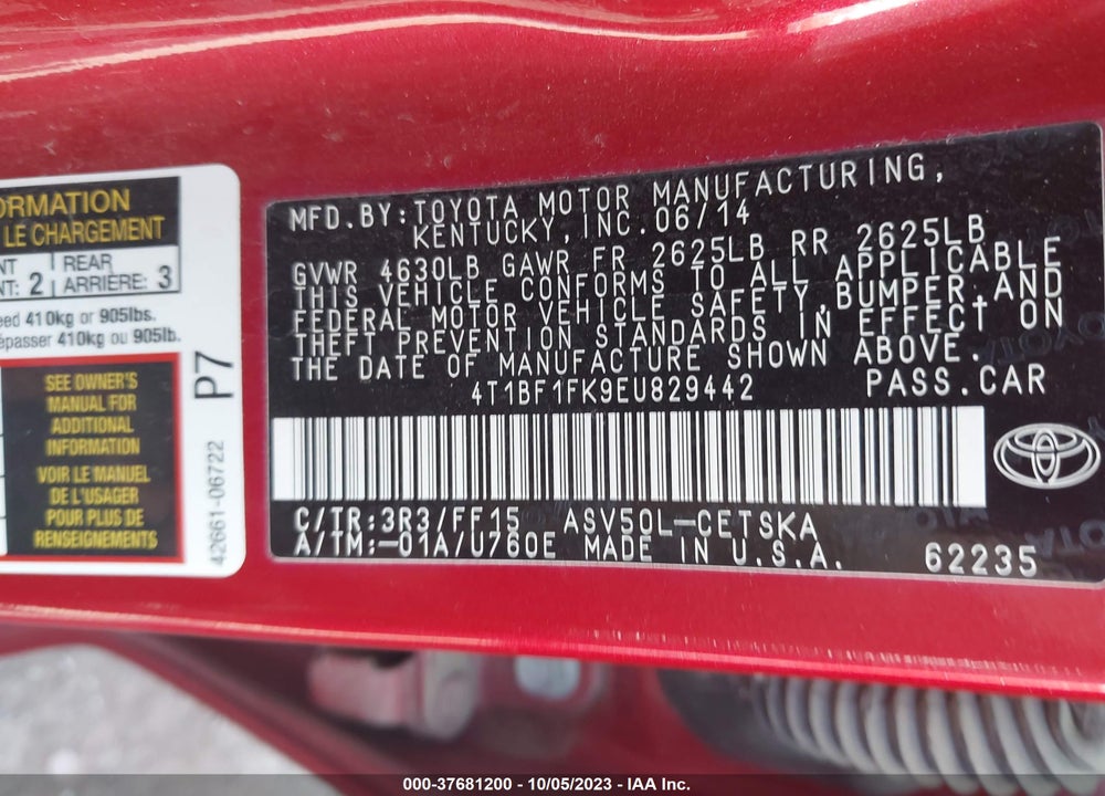 2014 TOYOTA CAMRY SE VIN: 4T1BF1FK9EU829442