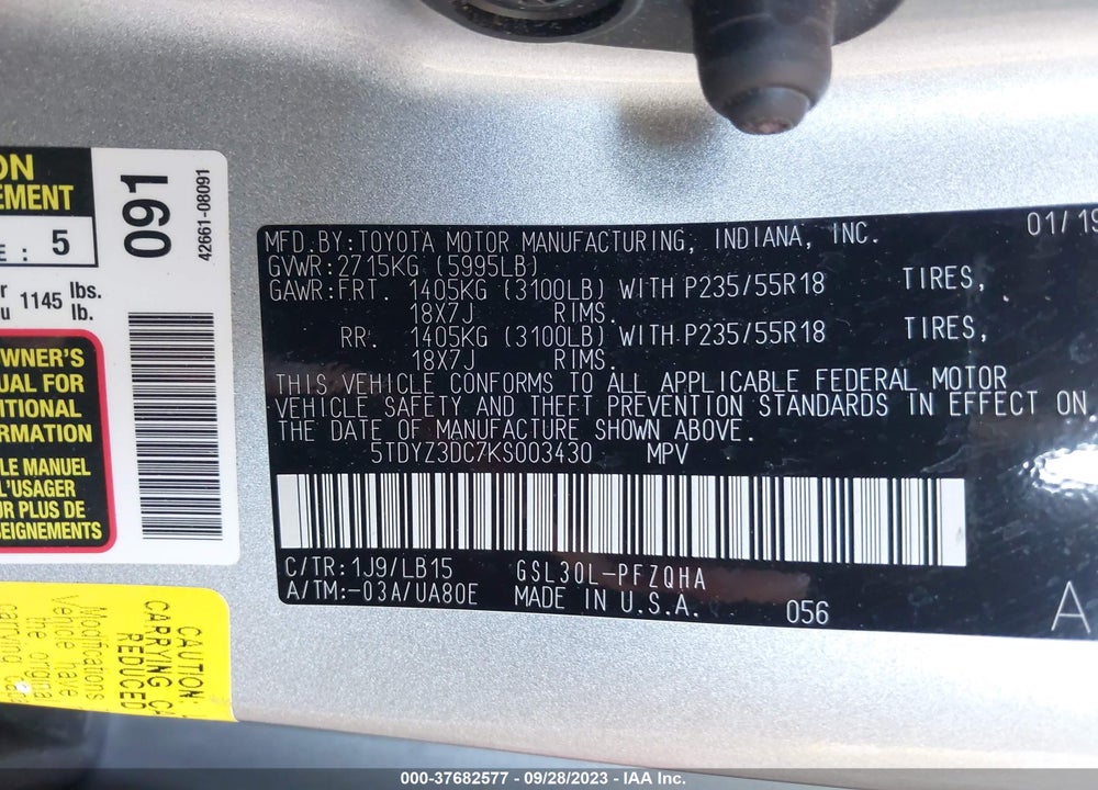 2019 TOYOTA SIENNA LIMITED PREMIUM 7 PASSENGER VIN: 5TDYZ3DC7KS003430